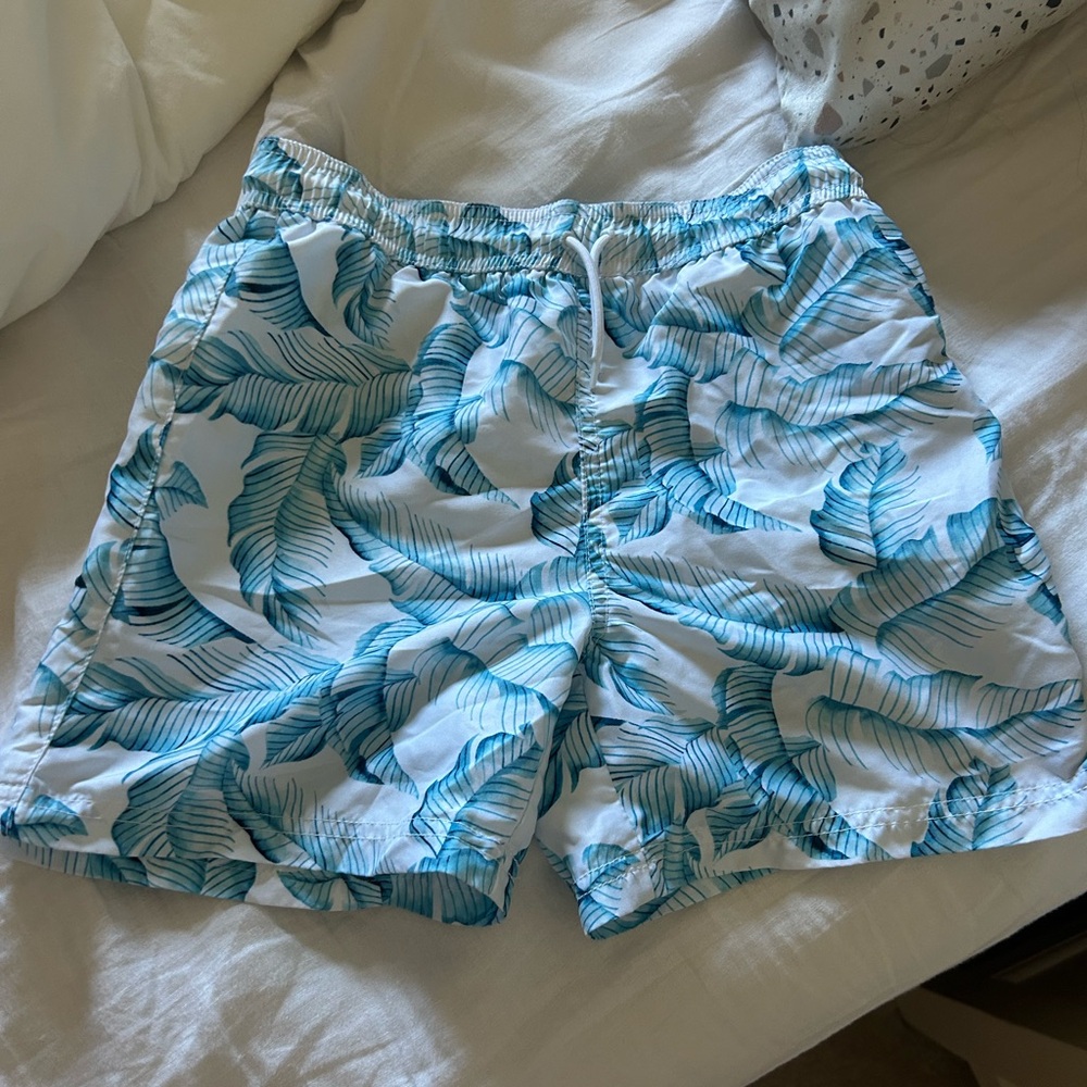 Janie and Jack White Swim Trunks with Teal Banana Leaf Print